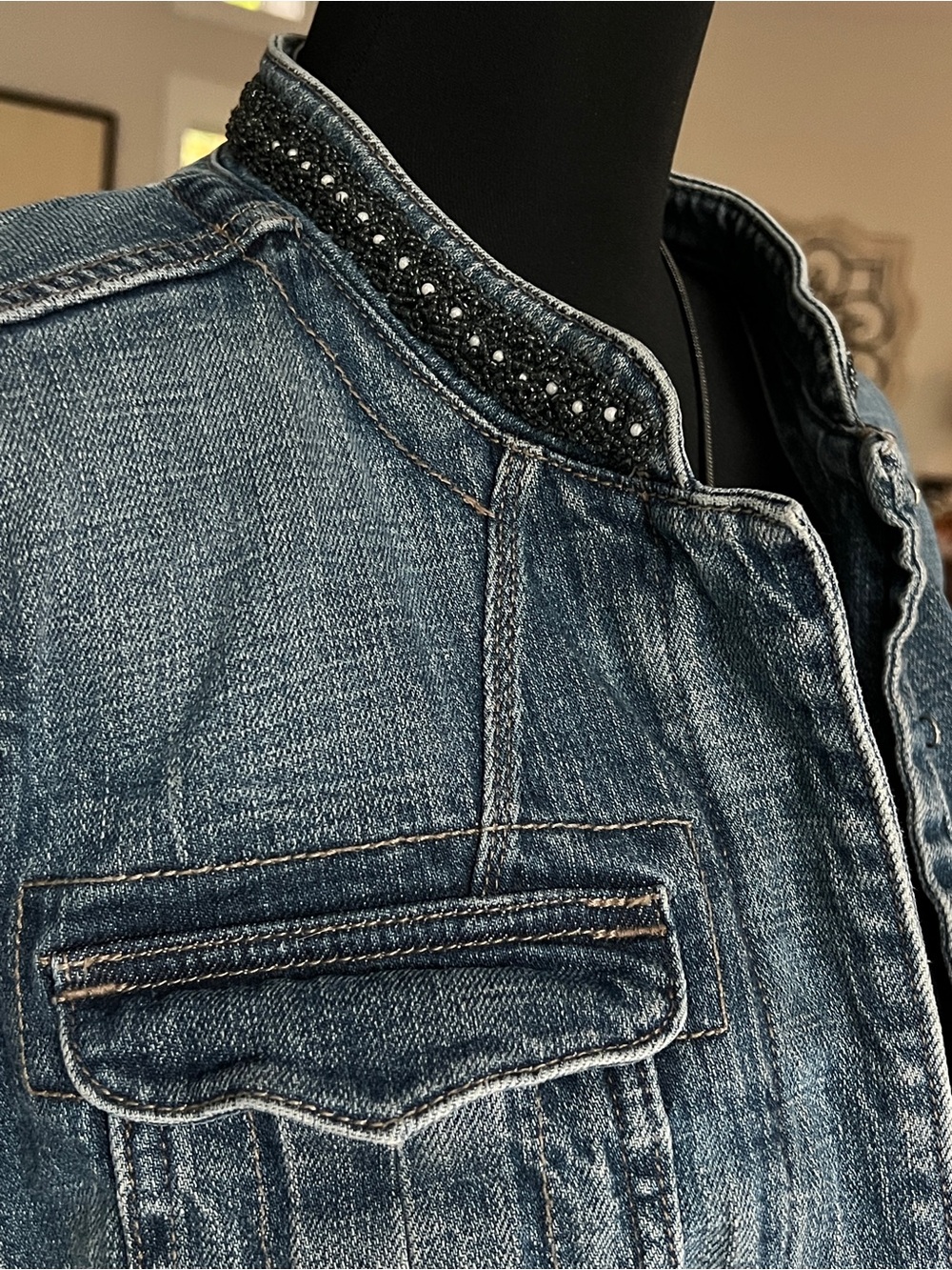 Washed Blue Denim Jacket with Bead-Trim Stand Collar - Picture 6 of 15